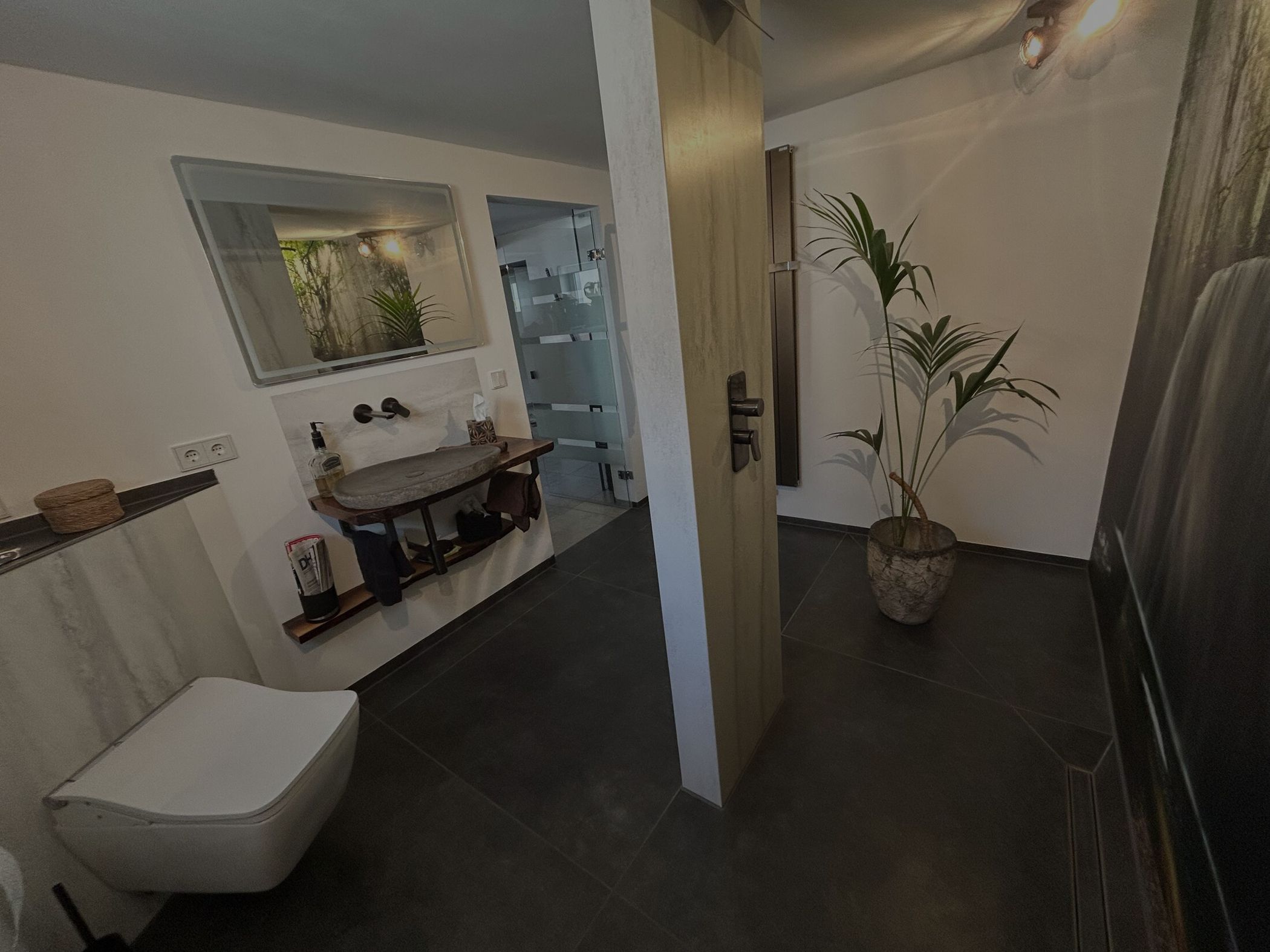 Badezimmer mit Naturstein Waschbecken Hängetoilette und Pflanze